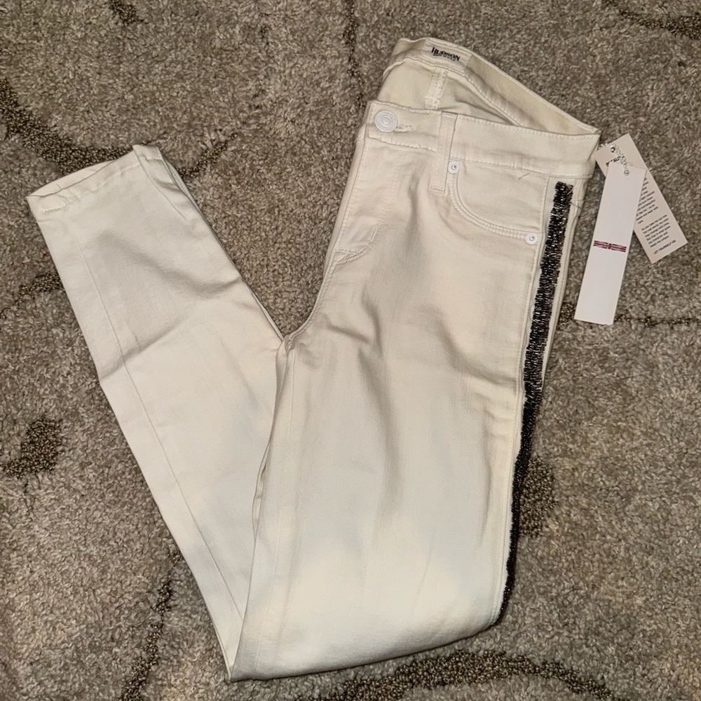 Hudson Luna Crop Super Skinny Womens Jeans Sz 26 NWT White W/ Embellished